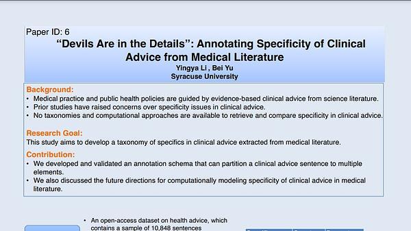 "Devils are in the Details'' — Annotating Specificity of Clinical Advice from Medical Literature